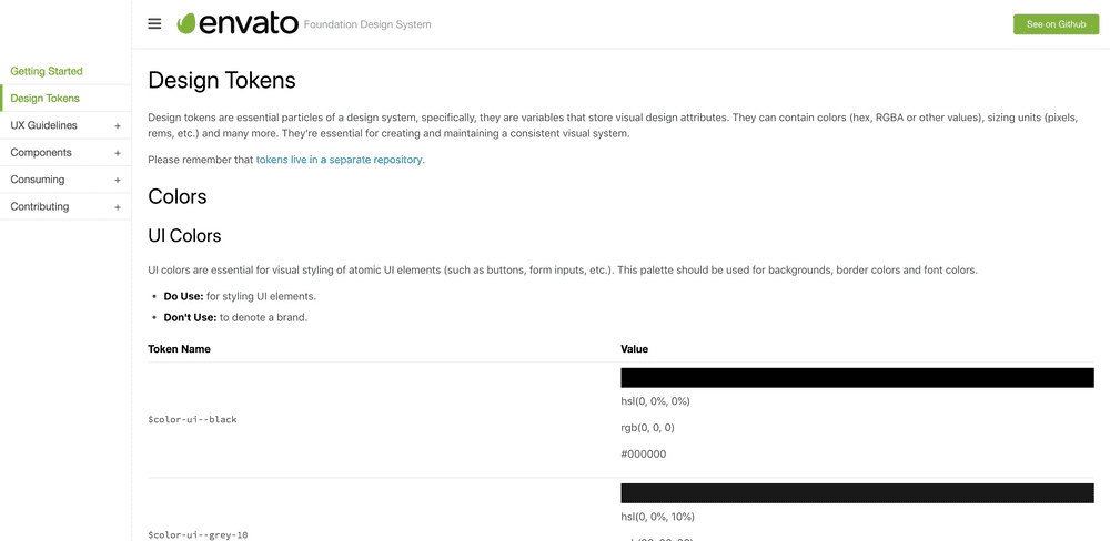 Screenshot of Envato Foundation design system token page