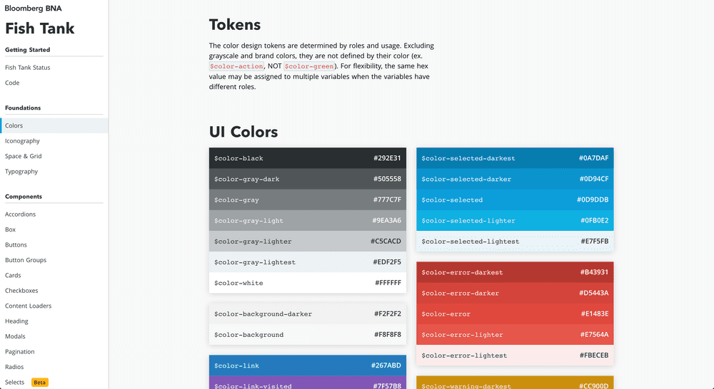 Screenshot of Bloomberg BNA Fishtank design system token page